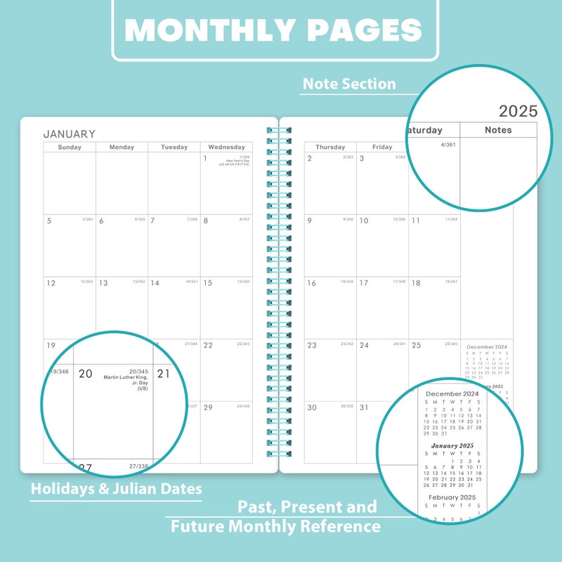 Vondafe 2025 Planner - Planner/Calendar 2025, Jan.2025 - Dec.2025, 2025 Planner Weekly and Monthly with Tabs, 2025 Calendar with Flexible Cover, A5 Thick Paper, Twin-Wire Binding, Aqua Green - Image 4